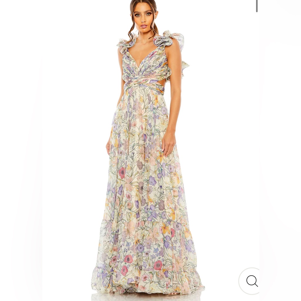 New Mac Duggal Floral Print Ruffle Tiered Cut-Out Chiffon Gown Size 8